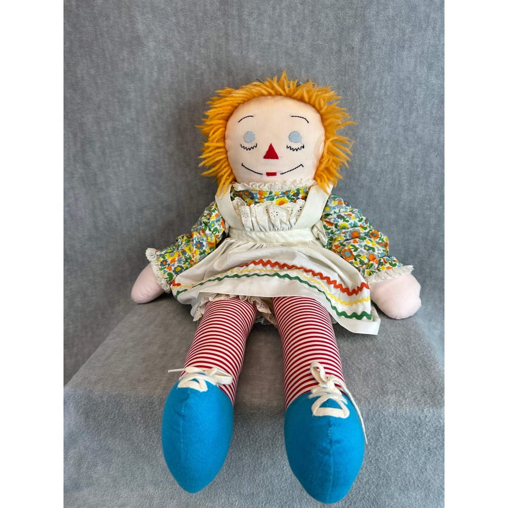 Raggedy Ann Handmade Rag Doll Yarn Hair Floral Dress White Apron Red Stripe Sock
